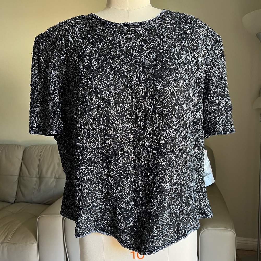 Adrianna Papell Boutique Evening Silk  Beaded Embroidered Black Blouse Sz 3X